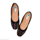 Black embroidered textile ballerinas for girls and women. High-quality closed back juttis with non-slip soles, ideal for daily wear. Made in India." (109 characters)